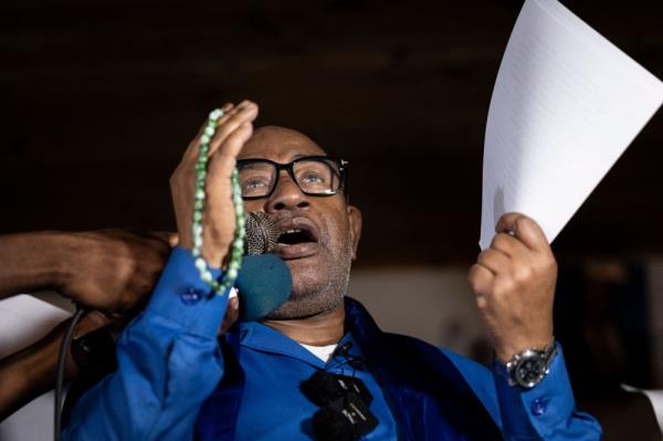 Former coup leader Azali Assoumani addresses supporters at his party's Co<em></em>nvention for the Renewal of Comoros (CRC) headquarters in Moroni on January 16, 2024 after he won re-election in the first round of an already disputed presidential vote in the Comoros, dismissing a low turnout and allegations of fraud. — AFP pic